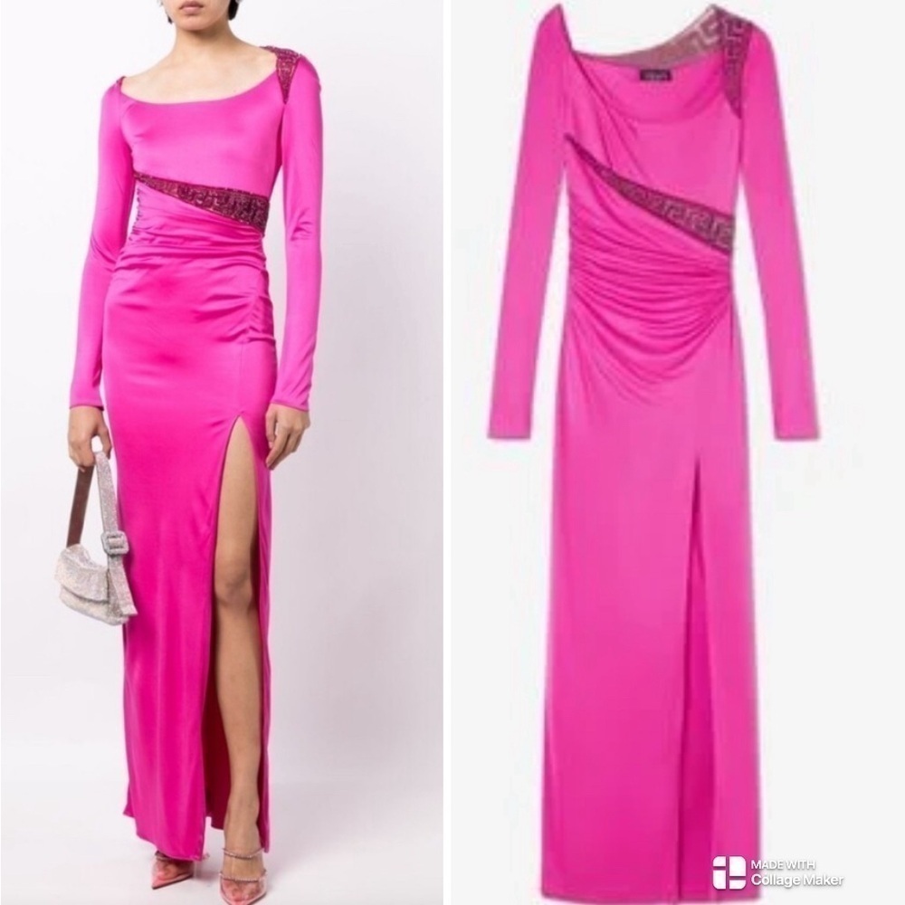 Versace Greca crystal-embellishment jersey gown hot pink